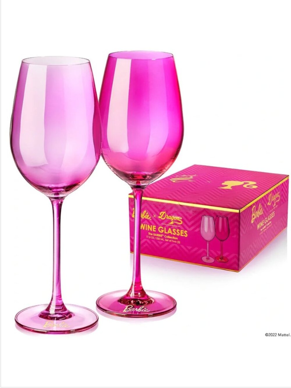 Barbie x Dragon Glassware Pink Wine Glasses Set of 2 NIB